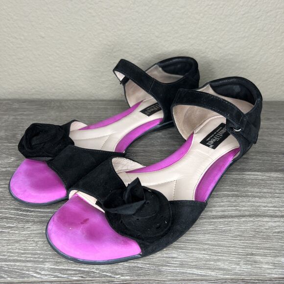 BeautiFeel Black Suede Dress Sandals Women's EU 40 US 9.5 Flower Adjustable - Picture 1 of 12